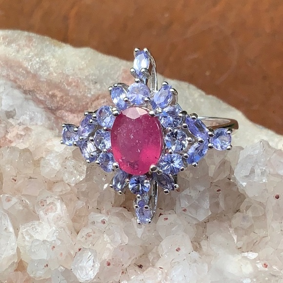 RUBY& TANZANITE 14K WHITE GOLD OVER 925 STERLING SILVER RING SIZE 8
